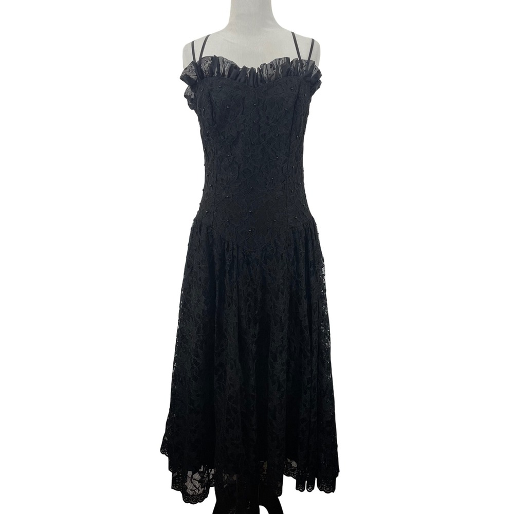 Positively Ellyn‎ Size Small Vintage Black Lace Beaded Midi Dress Smocked Goth